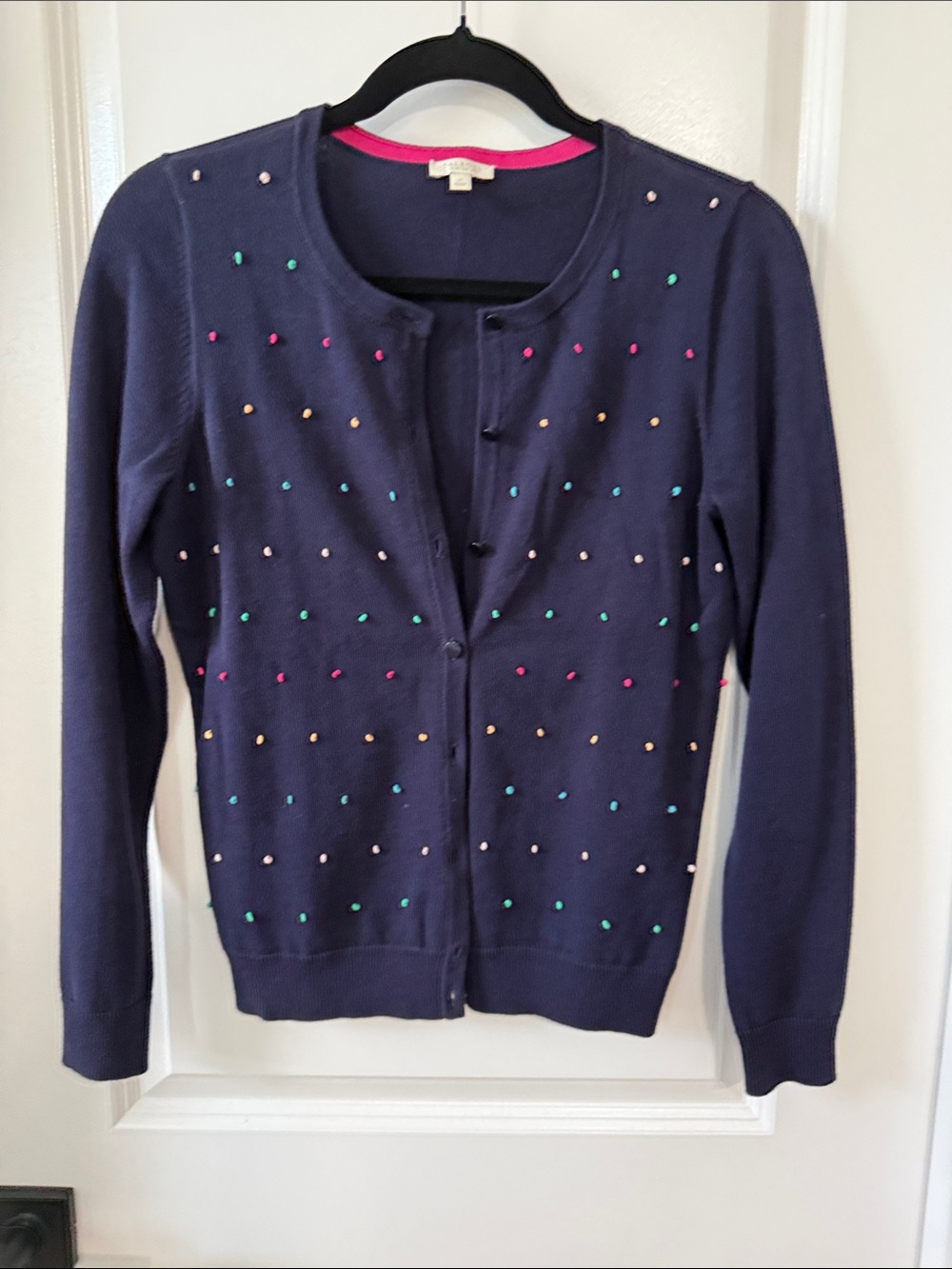 Talbots Navy Cardigan with Multicolor Dot Embellishments
